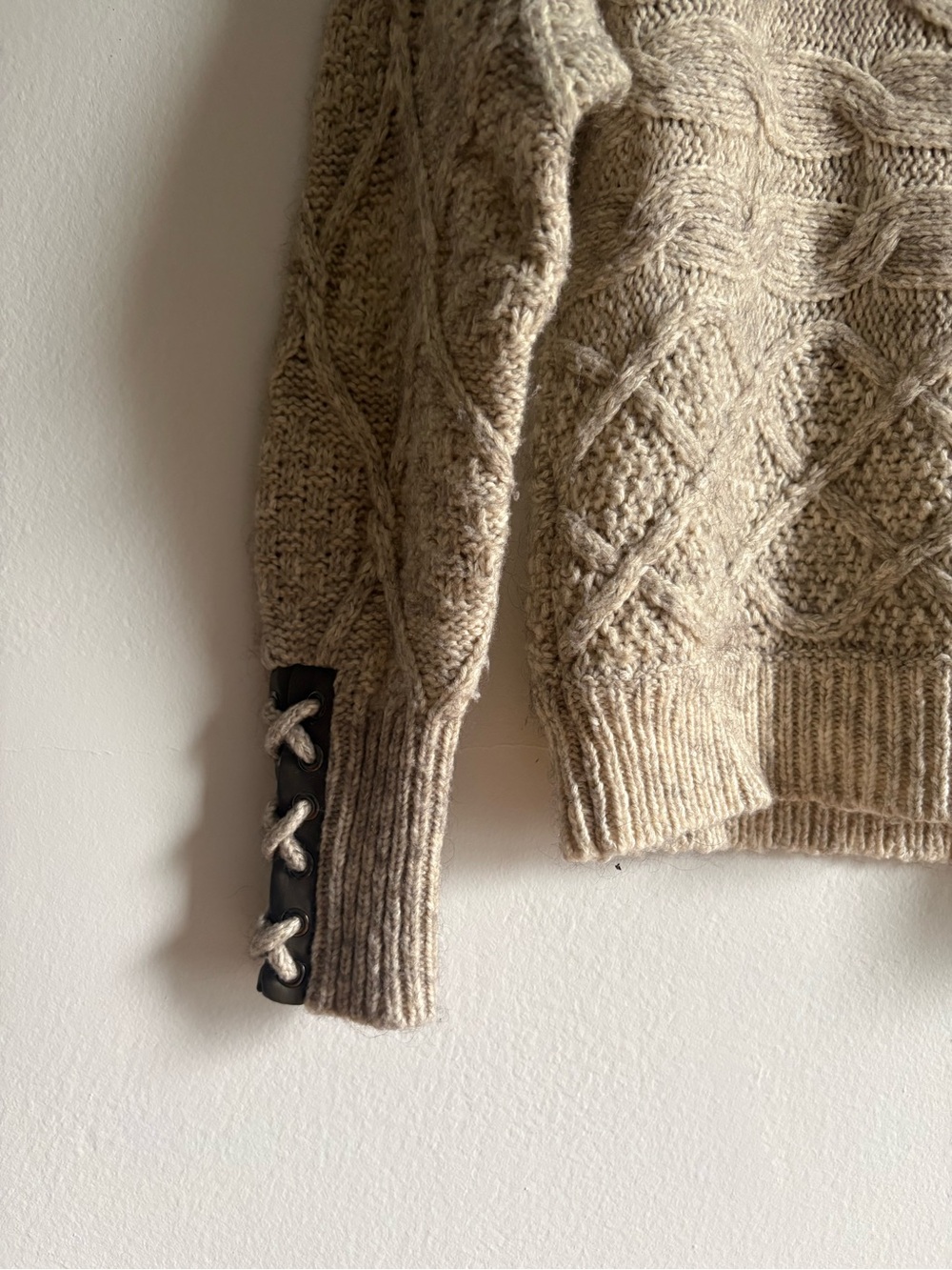 Heartloom Sz S Cotton Wool Cream Cable Knit Faux Leather Details Sweater - Picture 4 of 8